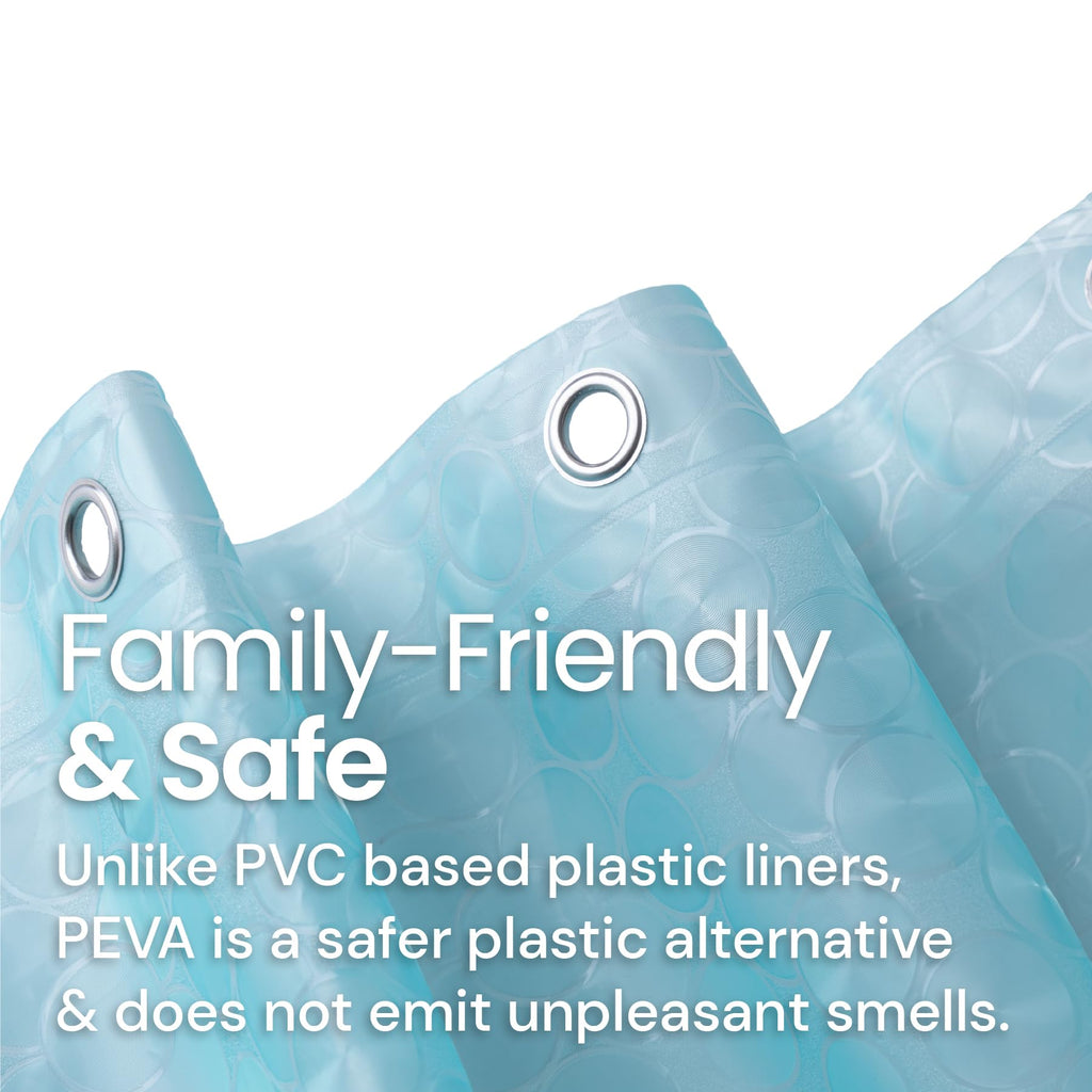 a close up of a plastic sheet with text: 'Family-Friendly & Safe Unlike PVC based plastic liners, PEVA is a safer plastic alternative & does not emit unpleasant smells.'