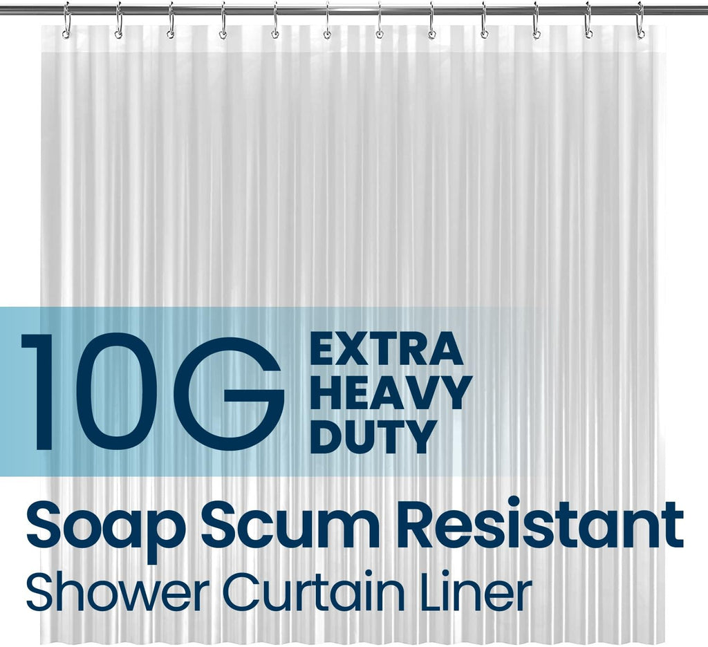 a shower curtain with a white curtain with text: '10G EXTRA HEAVY DUTY Soap Scum Resistant Shower Curtain Liner'