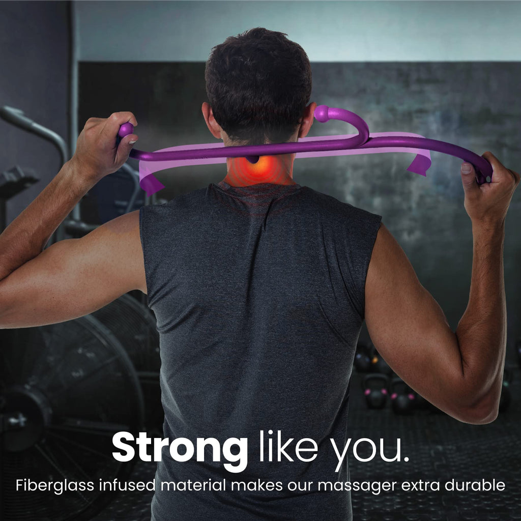 a person holding a purple bar with a pain in his neck with text: 'Strong like you. Fiberglass infused material makes our massager extra durable'