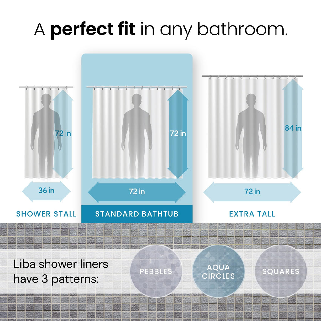 a diagram of a person's shower curtain with text: 'A perfect fit in any bathroom. 72 in 72 in 84 in 36 in 72 in 72 in SHOWER STALL STANDARD BATHTUB EXTRA TALL Liba shower liners have 3 patterns: PEBBLES AQUA CIRCLES SQUARES'