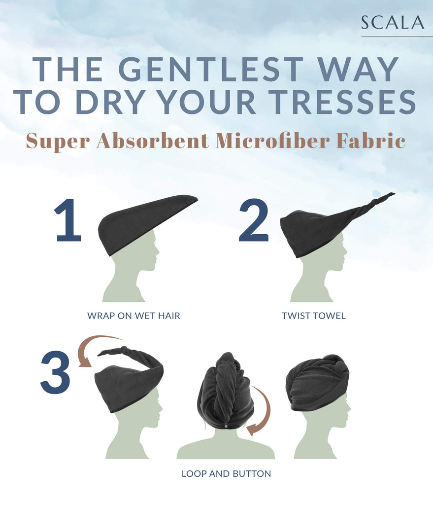 a poster of a person's head with a turban with text: 'SCALA THE GENTLEST WAY TO DRY YOUR TRESSES Super Absorbent Microfiber Fabric 1 2 WRAP ON WET HAIR TWIST TOWEL 3 LOOP AND BUTTON'