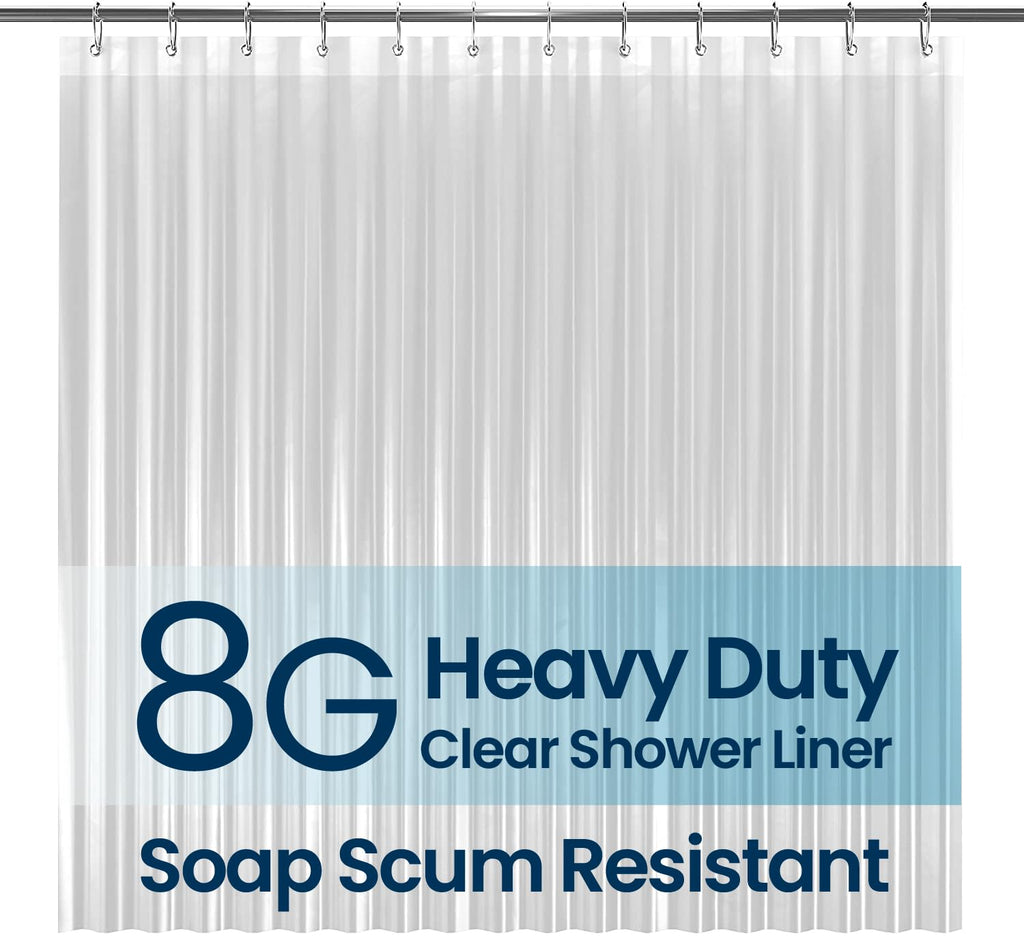 a shower curtain with a metal rod with text: '8G Heavy Duty Clear Shower Liner Soap Scum Resistant'