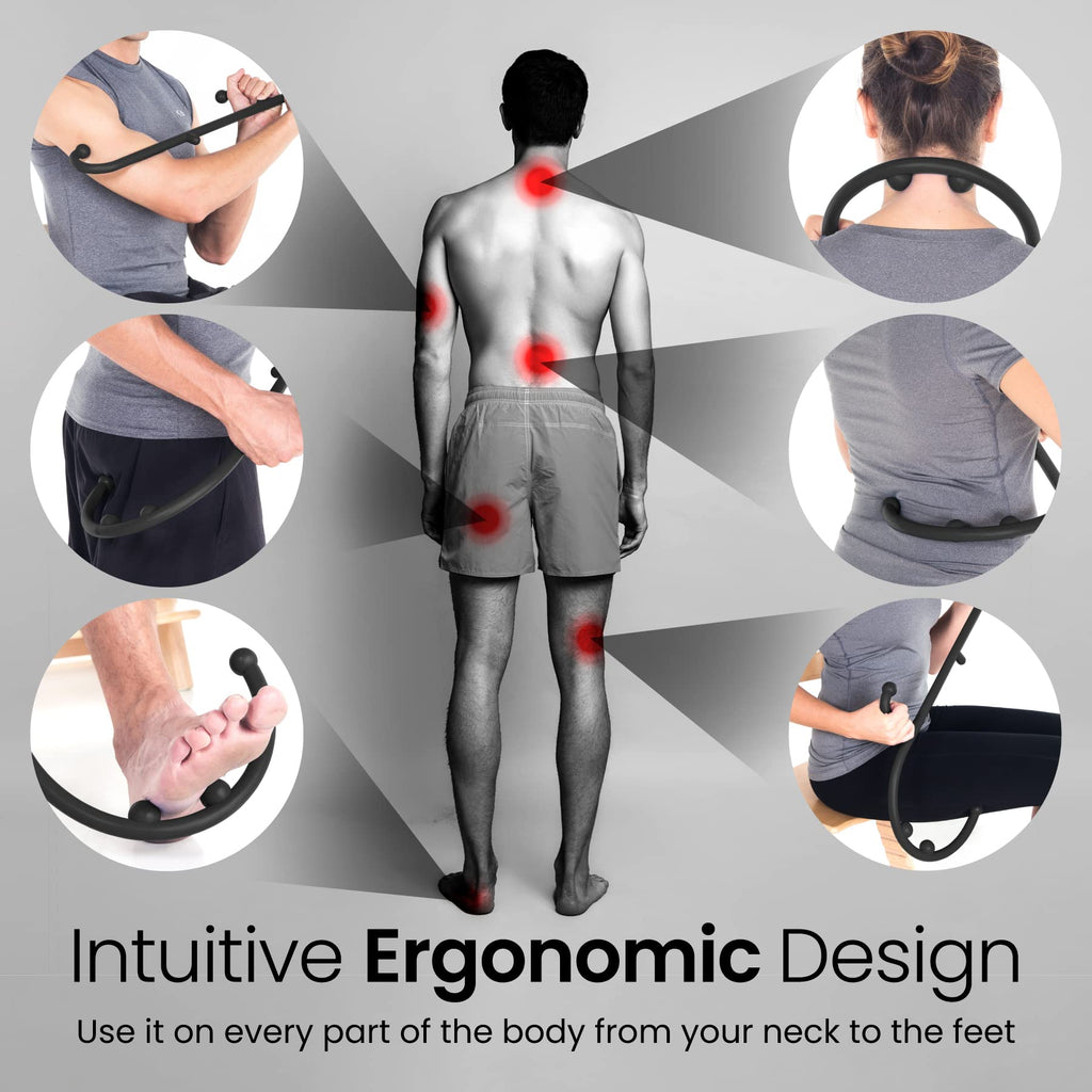 a person with red spots on his back with text: 'Intuitive Ergonomic Design Use it on every part of the body from your neck to the feet'