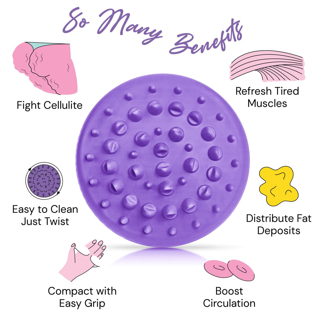 a purple massage ball with text overlay with text: 'Refresh Tired Fight Cellulite Muscles Easy to Clean Just Twist Distribute Fat Deposits Compact with Boost Easy Grip Circulation'