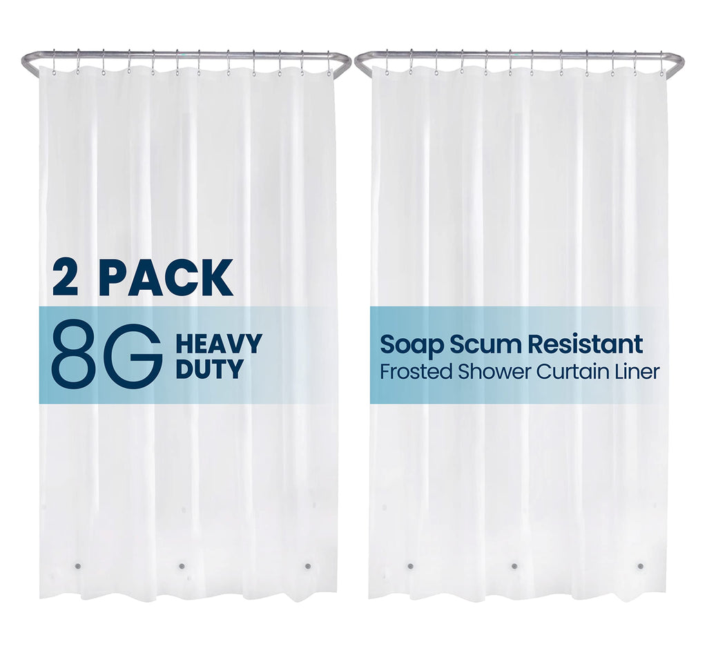 a pair of shower curtains with text: '2 PACK 8G HEAVY DUTY Soap Scum Resistant Frosted Shower Curtain Liner'