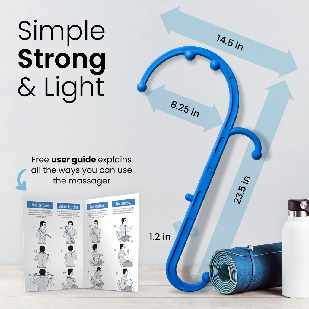a blue object with a blue object next to a yoga mat and a white bottle with text: 'Simple 14.5 in Strong & Light 8.25 in Free user guide explains all the ways you can use the massager Arm Exercises: 23.5 in Neck Exercises: Shoulder Exercises: Back Exercises to the massager e area. the neck node contact nodes and on The point through the #1 #2 1.2 in #2 11'