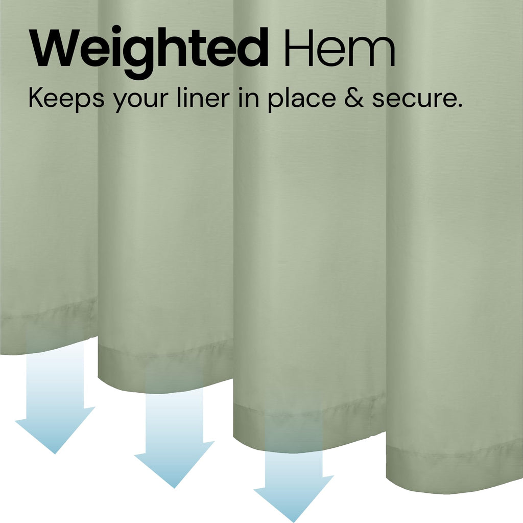 a close-up of a curtain with text: 'Weighted Hem Keeps your liner in place & secure.'