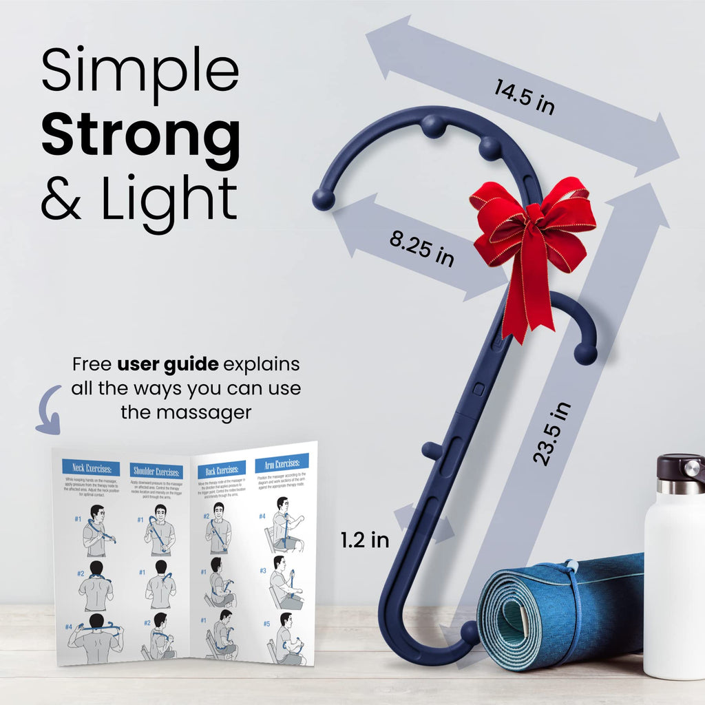 a massage tool with a bow and a massage book with text: 'Simple 14.5 in Strong & Light 8.25 in Free user guide explains all the ways you can use the massager Arm Exercises: 23.5 in Neck Exercises: Shoulder Exercises: Back Exercises: to the the pressure in the neck and on on point through the arms. and #1 #2 1.2 in #4'