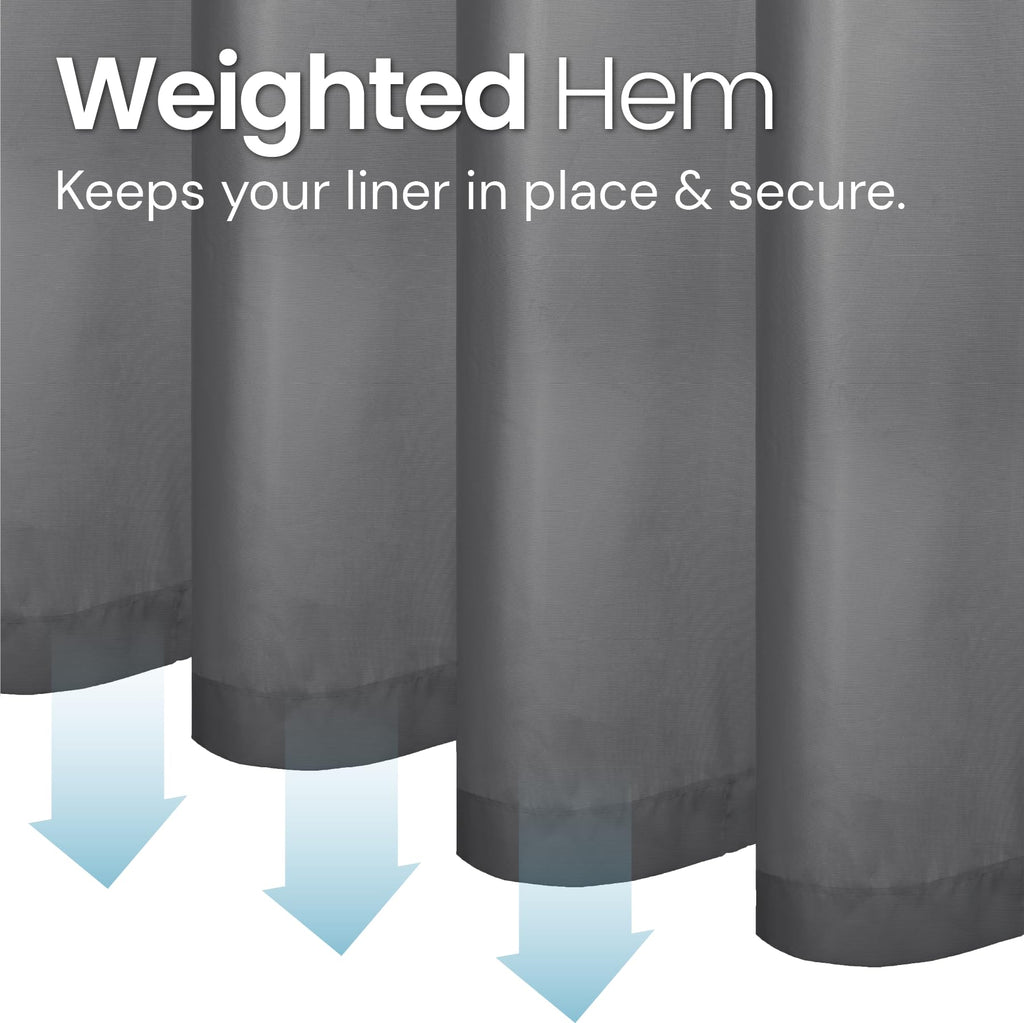 a close-up of a curtain with text: 'Weighted Hem Keeps your liner in place & secure.'