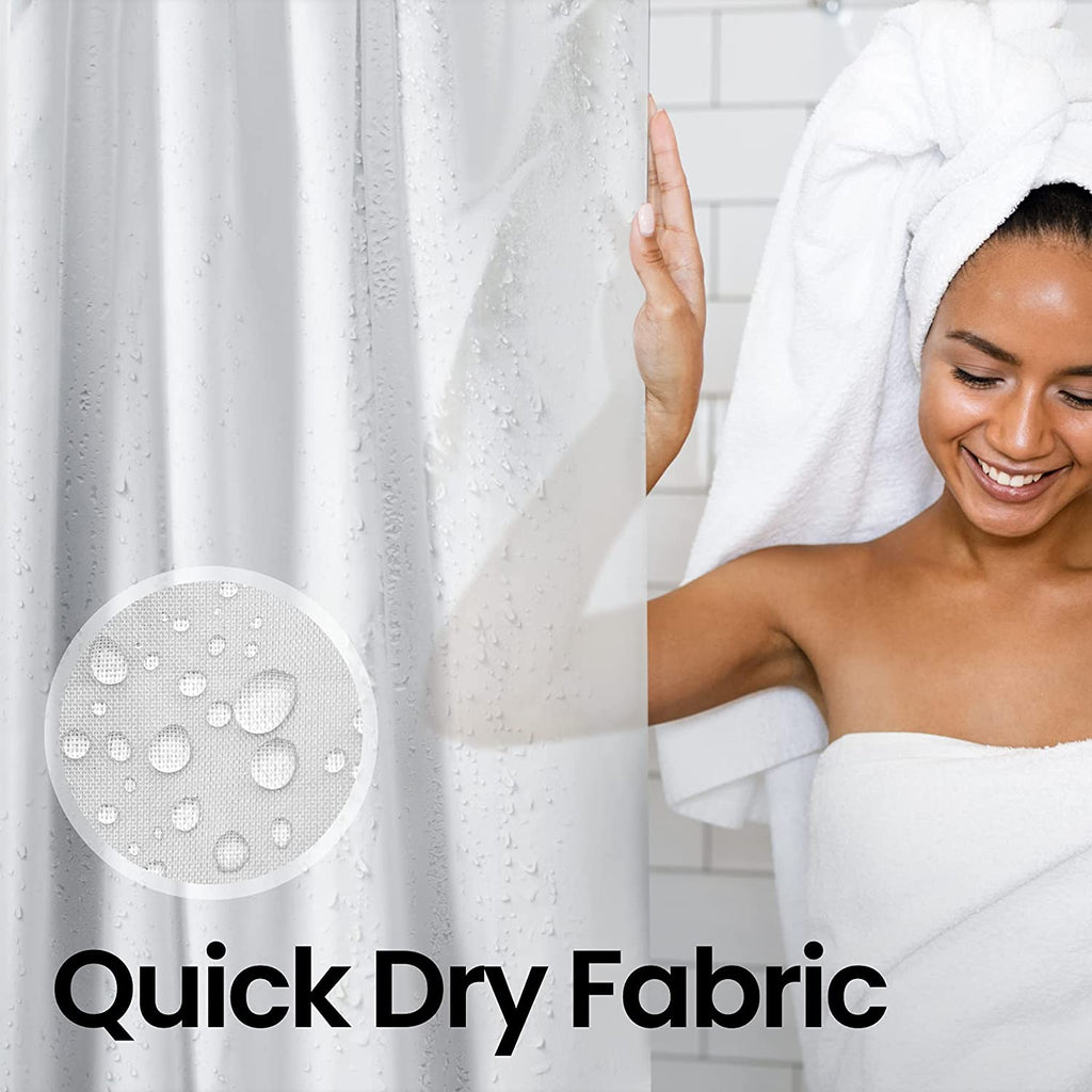 a person in a towel with text: 'Quick Dry Fabric'