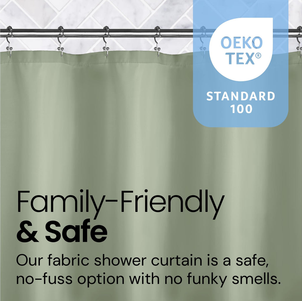 a green shower curtain with black text with text: 'OEKO TEX STANDARD 100 Family-Friendly & Safe Our fabric shower curtain is a safe, no-fuss option with no funky smells.'