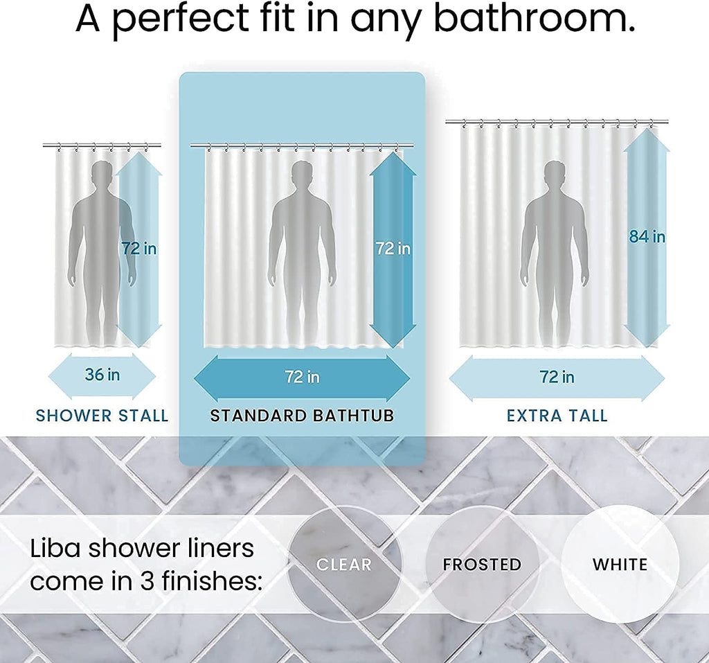 a screenshot of a bathroom with text: 'A perfect fit in any bathroom. 84 in 72 in 72 in 36 in 72 in 72 in SHOWER STALL STANDARD BATHTUB EXTRA TALL Liba shower liners come in 3 finishes: CLEAR FROSTED WHITE'