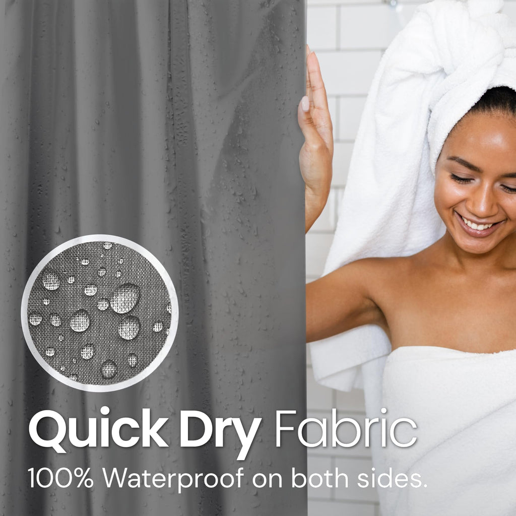 a person in a towel with text: 'Quick Dry Fabric 100% Waterproof on both sides.'