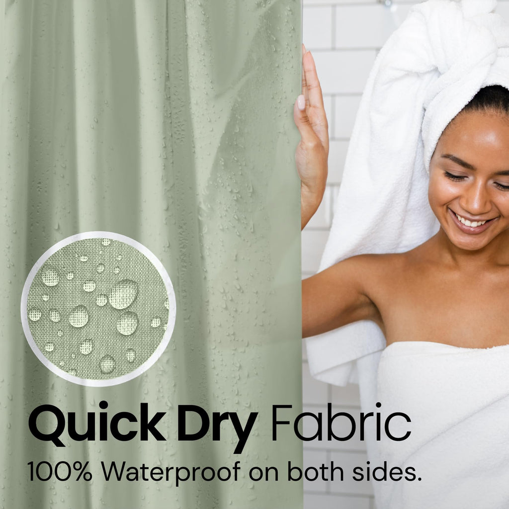 a person in a towel with text: 'Quick Dry Fabric 100% Waterproof on both sides.'