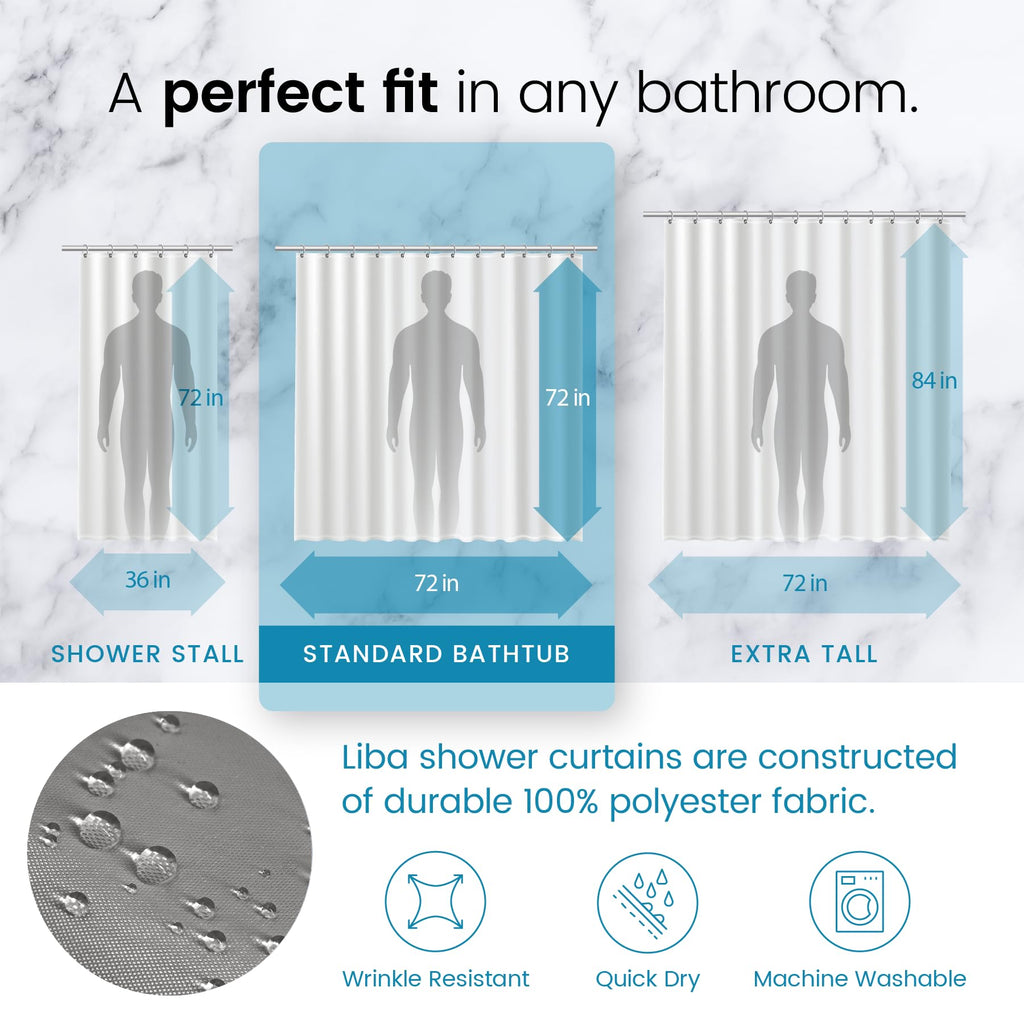 a diagram of a person's shower curtain with text: 'A perfect fit in any bathroom. 84 in 72 in 72 in 36 in 72 in 72 in SHOWER STALL STANDARD BATHTUB EXTRA TALL Liba shower curtains are constructed of durable 100% polyester fabric. Wrinkle Resistant Quick Dry Machine Washable'