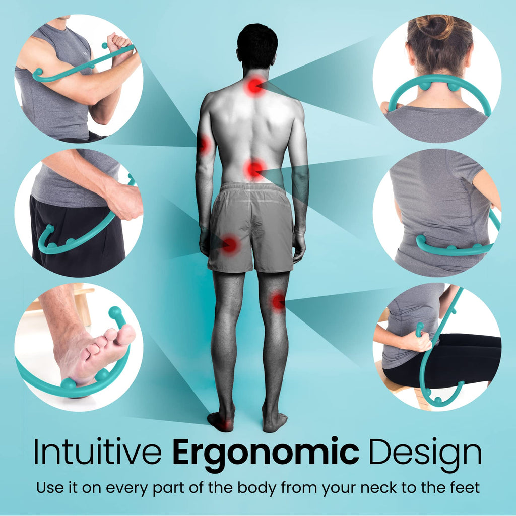 a person standing with a body massager with text: 'Intuitive Ergonomic Design Use it on every part of the body from your neck to the feet'