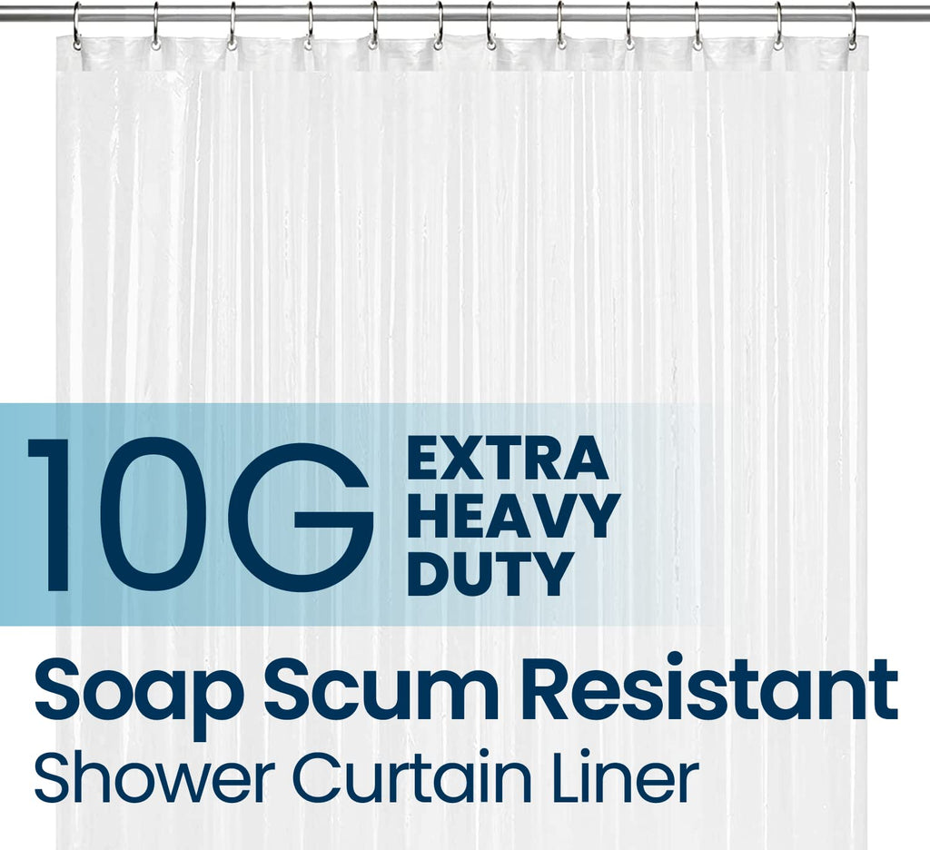 a shower curtain with a metal rod with text: '10G EXTRA HEAVY DUTY Soap Scum Resistant Shower Curtain Liner'