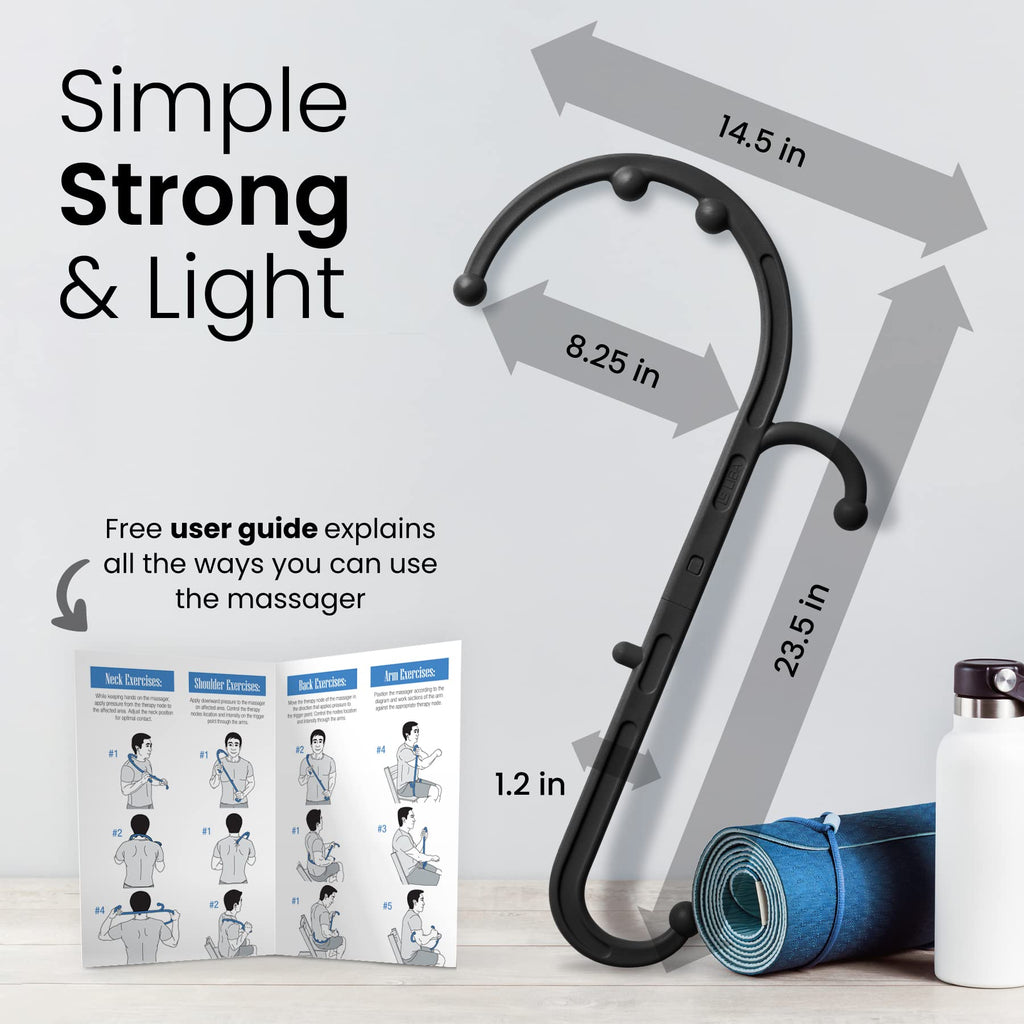 a massage tool and a massager with text: 'Simple 14.5 in Strong & Light 8.25 in LIBA Free user guide explains all the ways you can use the massager Neck Exercises: 23.5 in Shoulder Exercises: Back Exercises Arm Exercises: pressure the massager Position to the of the arm node to node in the area. the neck postion on rodes through the #1 #2 #4 1.2 in #4'
