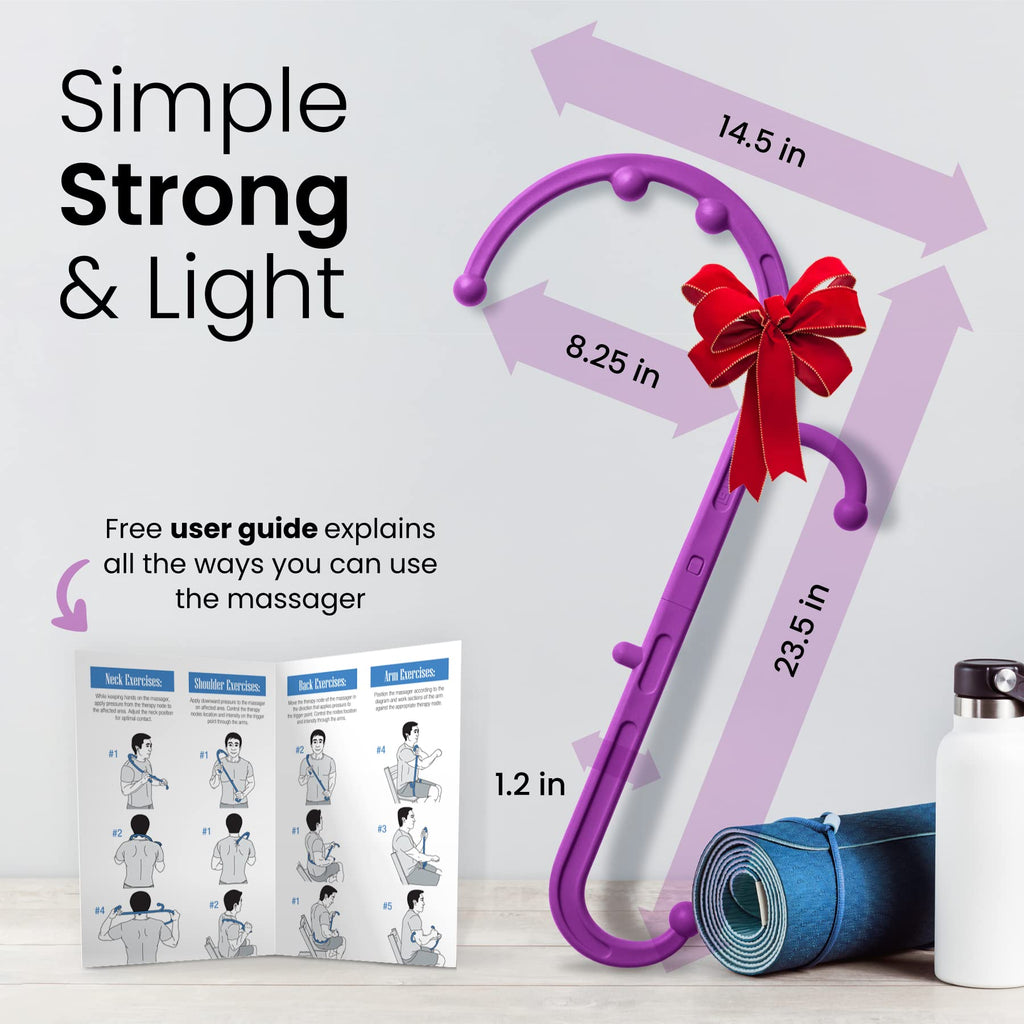 a purple object with a bow and a red bow on a table with text: 'Simple 14.5 in Strong & Light 8.25 in Free user guide explains all the ways you can use the massager 23.5 in Neck Exercises: Shoulder Exercises: Arm Exercises: Back Exercises to the node in therapy node the Adjust the neck and on point through the #2 #1 1.2 in #2'