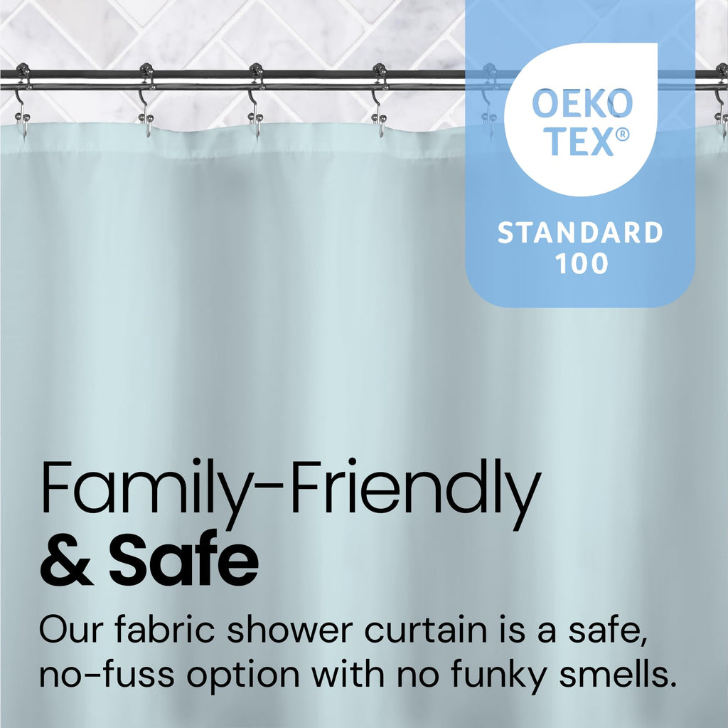 a shower curtain with text on it with text: 'OEKO TEX® STANDARD 100 Family-Friendly & Safe Our fabric shower curtain is a safe, no-fuss option with no funky smells.'