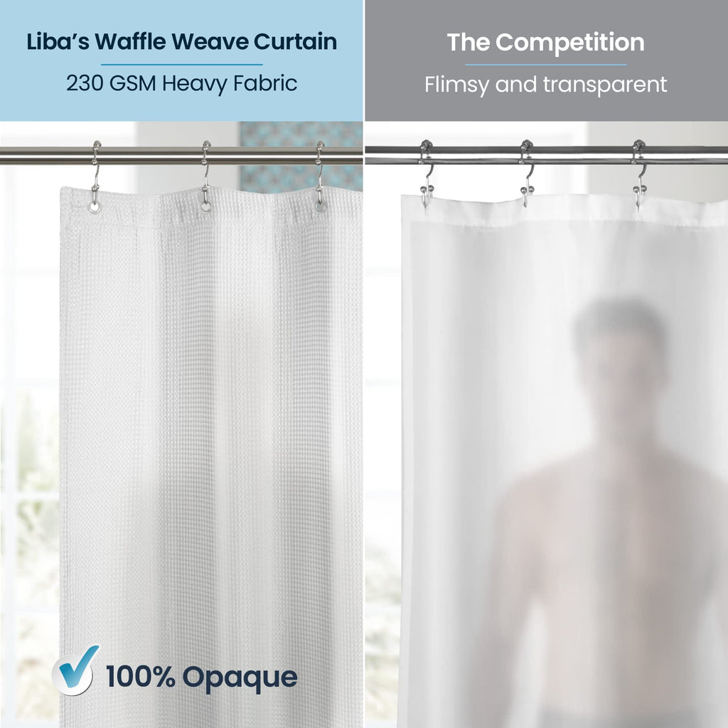 a person in a shower curtain with text: 'Liba's Waffle Weave Curtain The Competition 230 GSM Heavy Fabric Flimsy and transparent 100% Opaque'