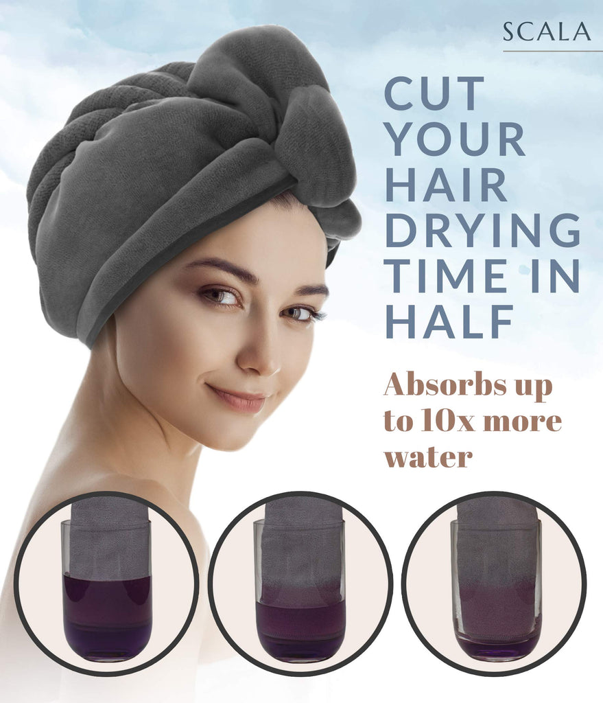 a person with a towel on her head with text: 'SCALA CUT YOUR HAIR DRYING TIME IN HALF Absorbs up to 10x more water'