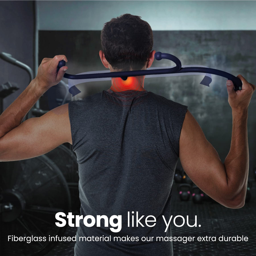 a person holding a bar with a neck pain with text: 'Strong like you. Fiberglass infused material makes our massager extra durable'