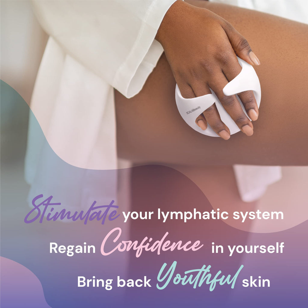 a person using a device to remove the skin with text: 'SCALABeauty your lympha Regain Confidence in yourself Bring back skin'