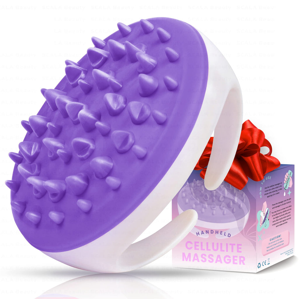 a massage brush with a box and a bow with text: 'ALA SCALA Beauty SCALA Beauty SCALA SCALA SCALA LA Beauty SCALA Beauty SCALA SCALA LA SCALA SCALA LA SCALA ALA SCALA SCALA SCALA ALA ALA ALA ALA ALA USE Use the cellulite massager on moist either while in the shower after lathering, or applying oil or cream. Press the massager onto the skin massage in circular motions. You may focus on areas more likely o be affected by cellulite such as be affe the thighs, buttocks, belly, and arms. Best results when used in