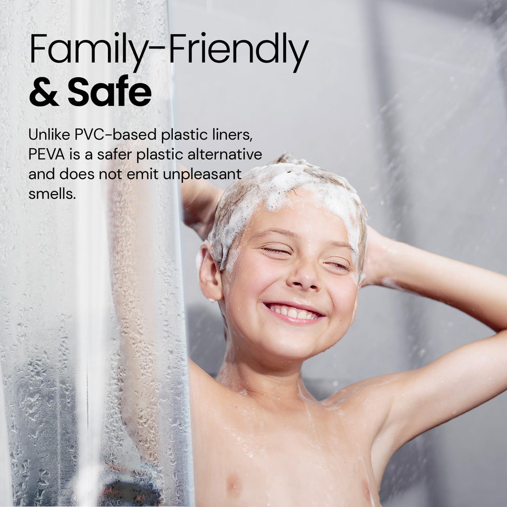 a child washing his head with text: 'Family-Friendly & Safe Unlike PVC-based plastic liners, PEVA is a safer plastic alternative and does not emit unpleasant smells.'