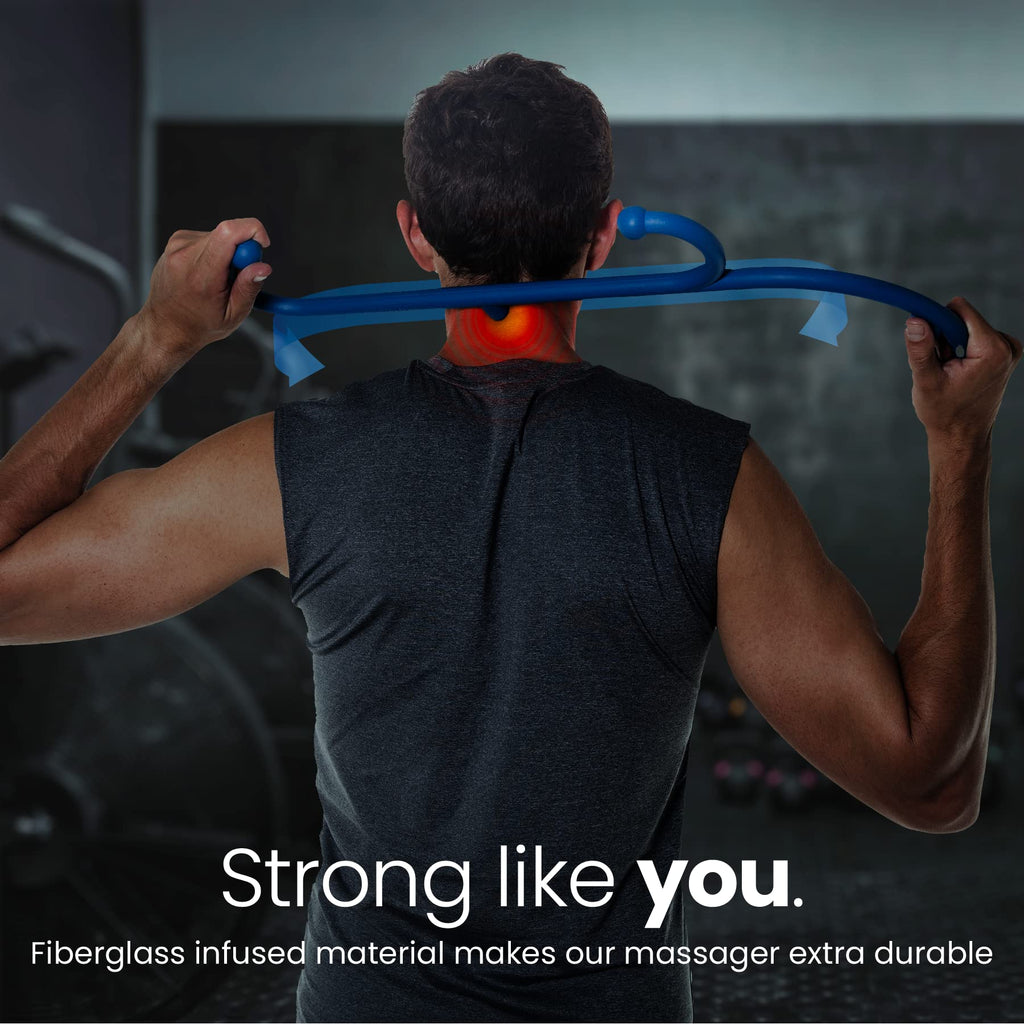 a person holding a blue tube over his neck with text: 'Strong like you. Fiberglass infused material makes our massager extra durable'
