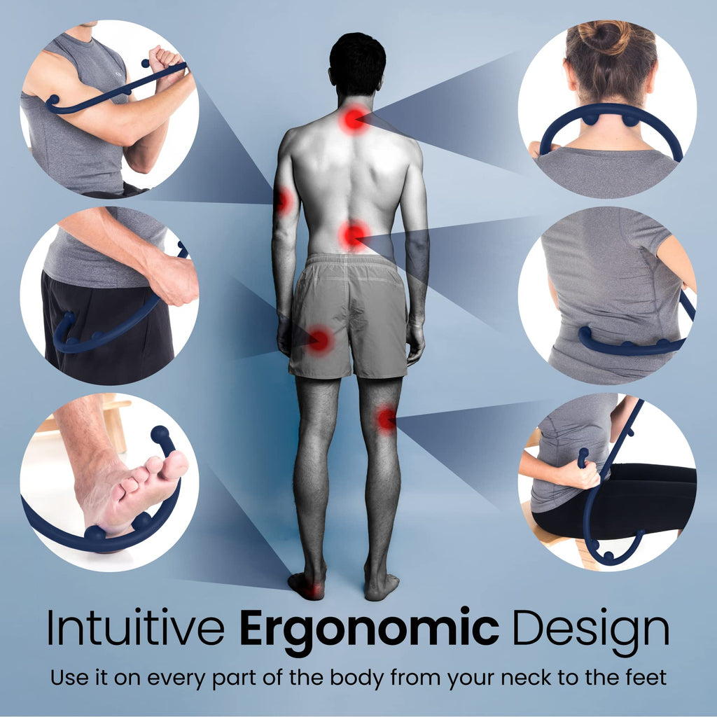a person with red circles around his back with text: 'Intuitive Ergonomic Design Use it on every part of the body from your neck to the feet'