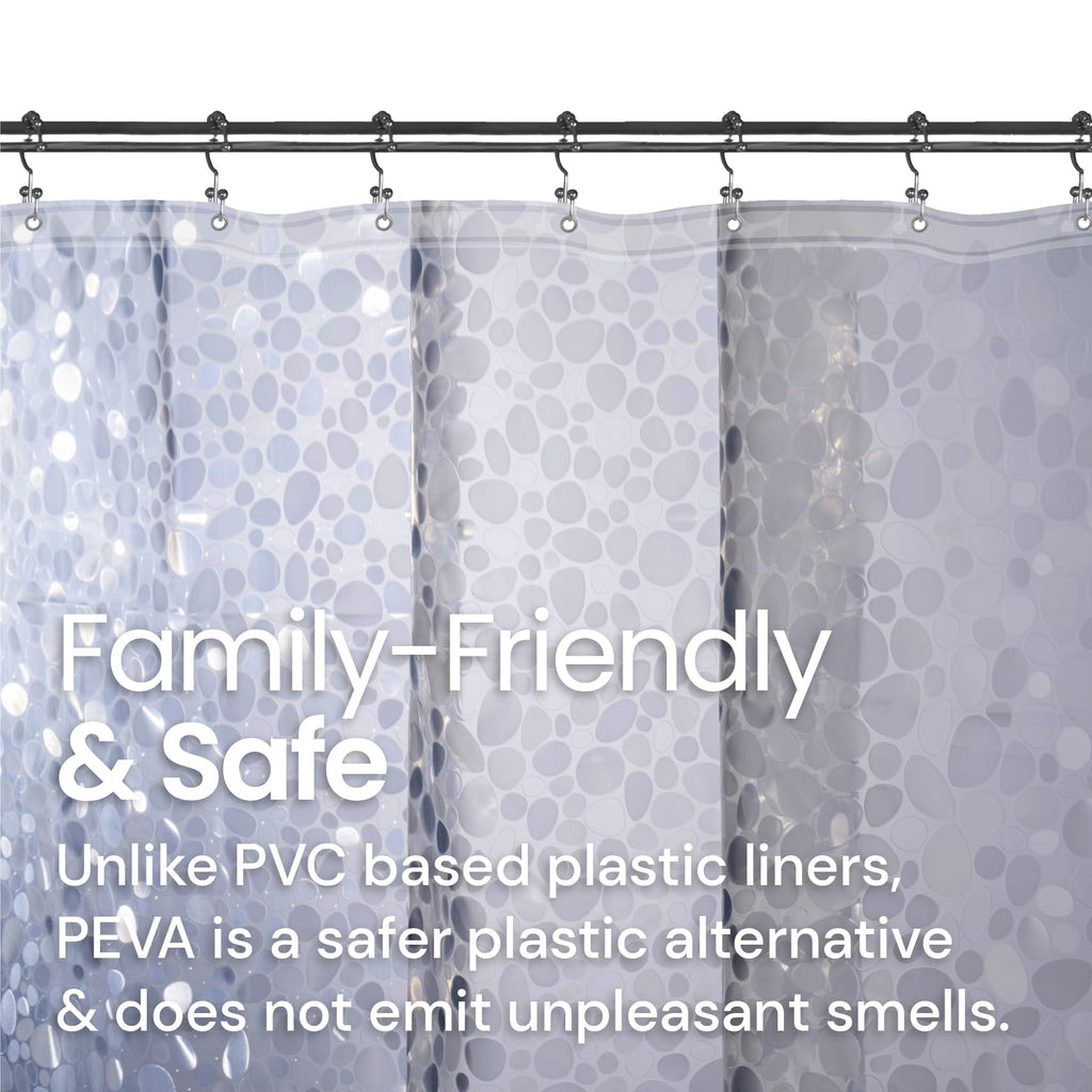 a shower curtain with a white background with text: 'Family -Friendly & Safe Unlike PVC based plastic liners, PEVA is a safer plastic alternative & does not emit unpleasant smells.'