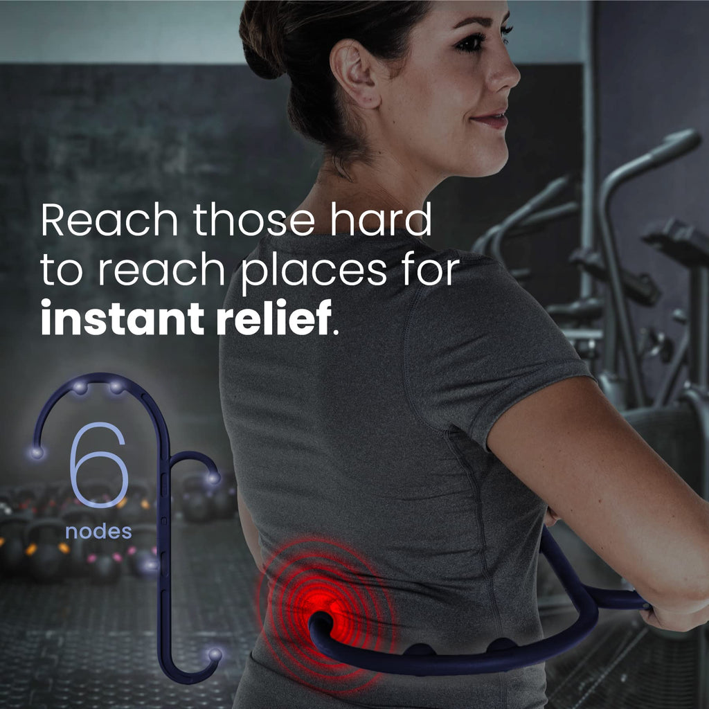 a person in a gym with a pain in her back with text: 'Reach those hard to reach places for instant relief. 6 nodes'