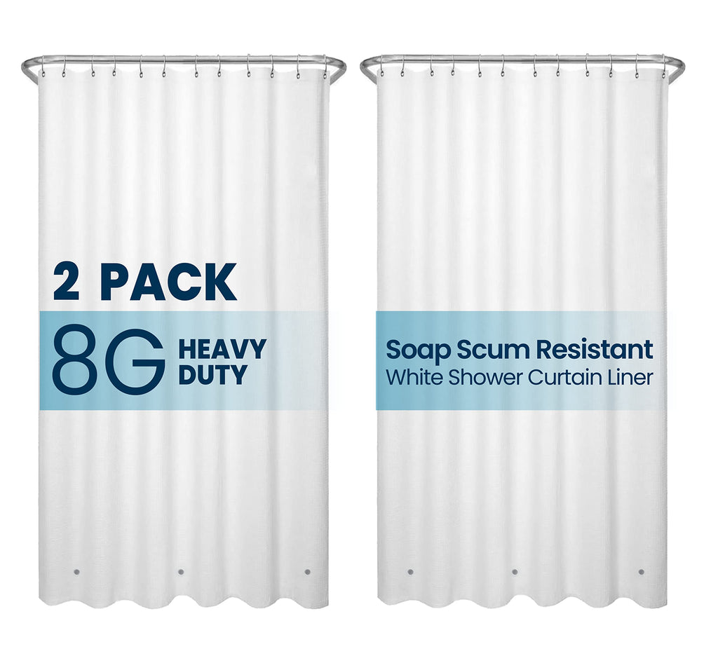 a shower curtain with a metal rod with text: '2 PACK 8G HEAVY DUTY Soap Scum Resistant White Shower Curtain Liner'