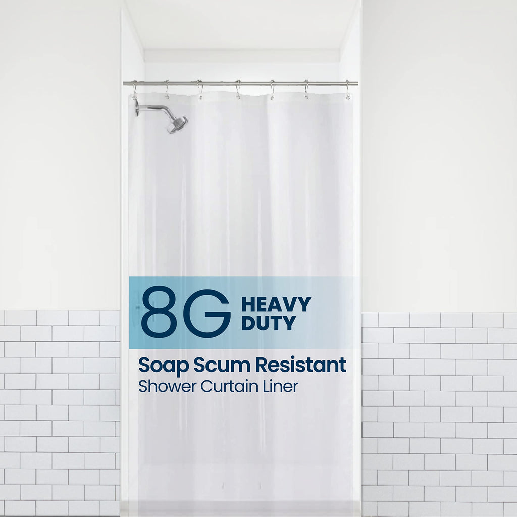 a shower curtain in a bathroom with text: '8G HEAVY DUTY Soap Scum Resistant Shower Curtain Liner'