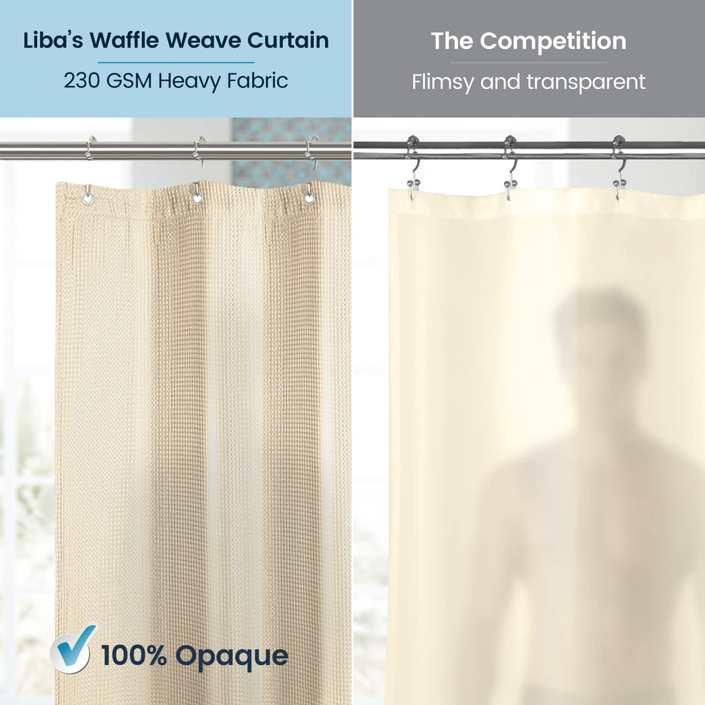 a person in a shower curtain with text: 'Liba's Waffle Weave Curtain The Competition 230 GSM Heavy Fabric Flimsy and transparent 100% Opaque'