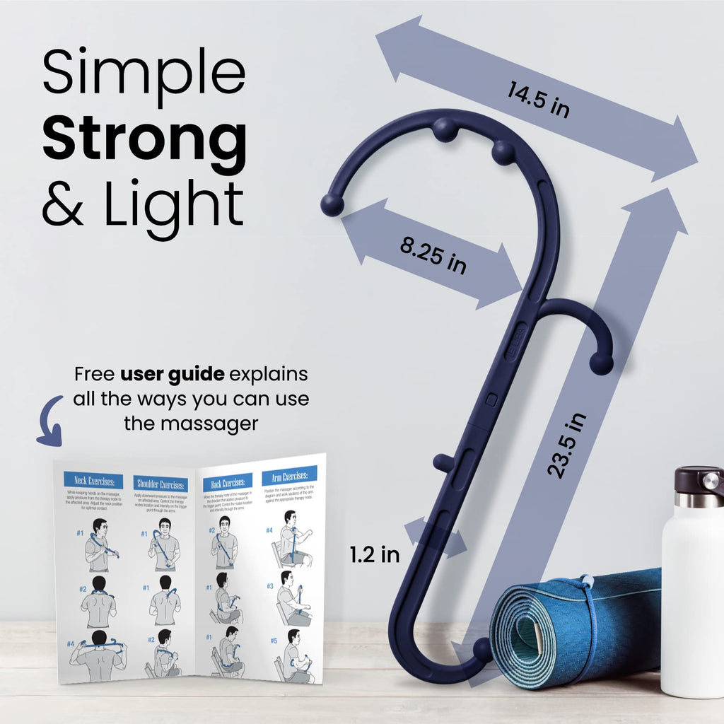 a massage tool and a massager with text: 'Simple 14.5 in Strong & Light 8.25 in Free user guide explains all the ways you can use the massager 23.5 in Neck Exercises: Shoulder Exercises: Back Exercises: to the and the the and on arms. #1 #2 #1 1.2 in H2 #4'