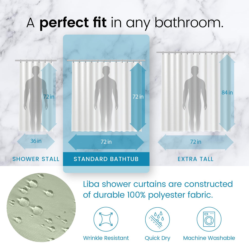 a diagram of a person's shower curtain with text: 'A perfect fit in any bathroom. 84 in 72 in 72 in 36 in 72 in 72 in SHOWER STALL STANDARD BATHTUB EXTRA TALL Liba shower curtains are constructed of durable 100% polyester fabric. Wrinkle Resistant Quick Dry Machine Washable'