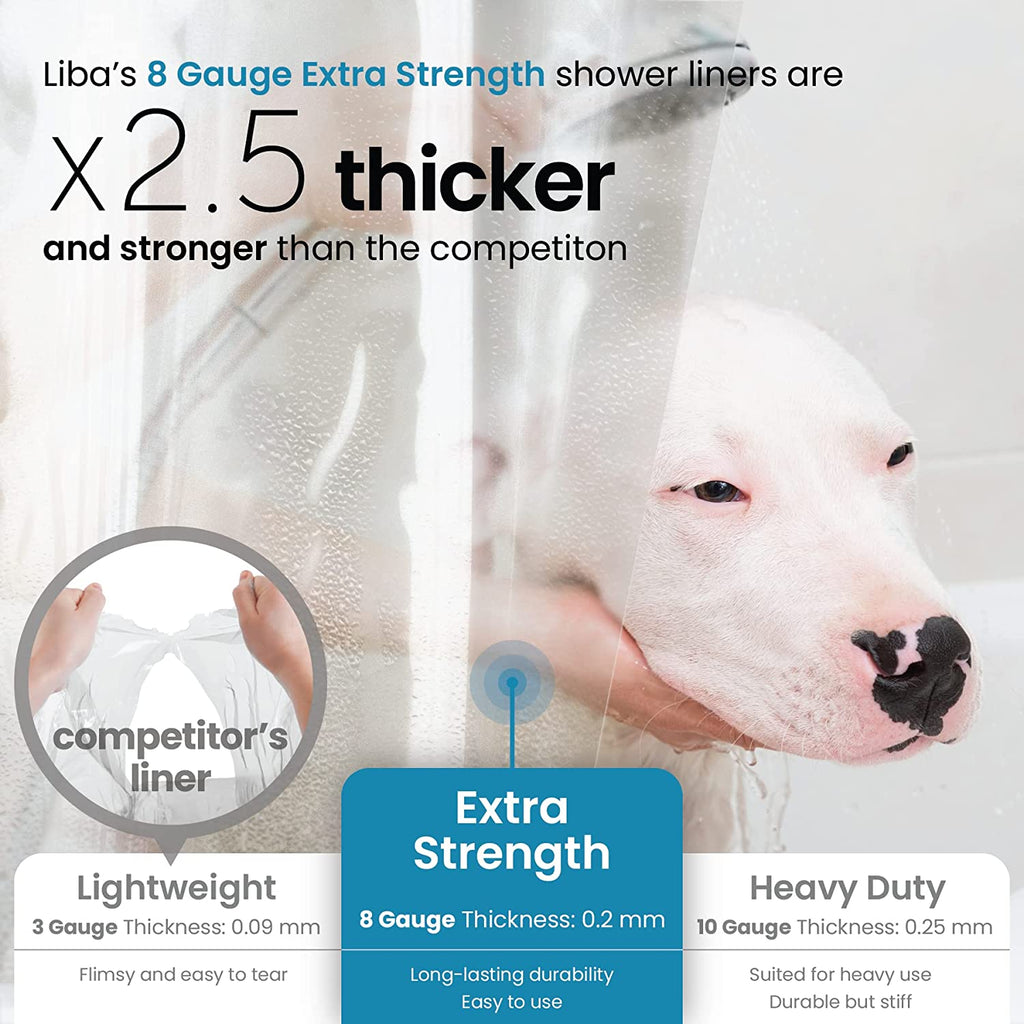 a dog taking a shower with text: 'Liba's 8 Gauge Extra Strength shower liners are x2.5 thicker and stronger than the competiton competitor's liner Extra Lightweight Strength Heavy Duty 3 Gauge Thickness: 0.09 mm 8 Gauge Thickness: 0.2 mm 10 Gauge Thickness: 0.25 mm Flimsy and easy to tear Long-lasting durability Suited for heavy use Easy to use Durable but stiff'