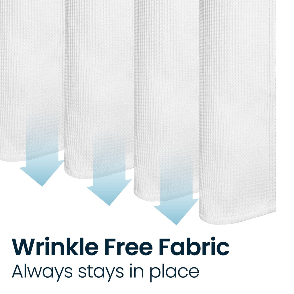 a group of white towels with text: 'Wrinkle Free Fabric Always stays in place'