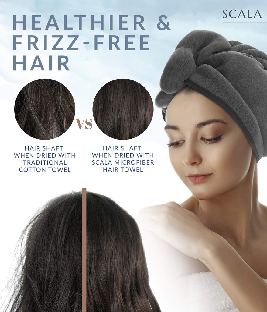 a person with a towel on her head with text: 'HEALTHIER & SCALA FRIZZ-FREE HAIR VS HAIR SHAFT HAIR SHAFT WHEN DRIED WITH WHEN DRIED WITH TRADITIONAL SCALA MICROFIBER COTTON TOWEL HAIR TOWEL'