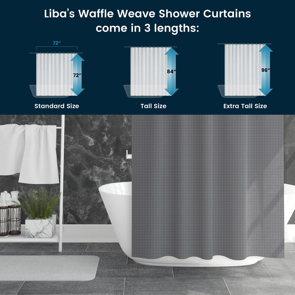 a bathtub with a shower curtain with text: 'Liba's Waffle Weave Shower Curtains come in 3 lengths: 72" 84" Standard Size Tall Size Extra Tall Size'