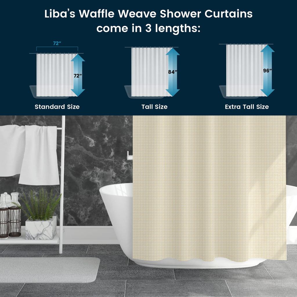 a bathtub with a shower curtain with text: 'Liba's Waffle Weave Shower Curtains come in 3 lengths: 72" 72" 84" Standard Size Tall Size Extra Tall Size'