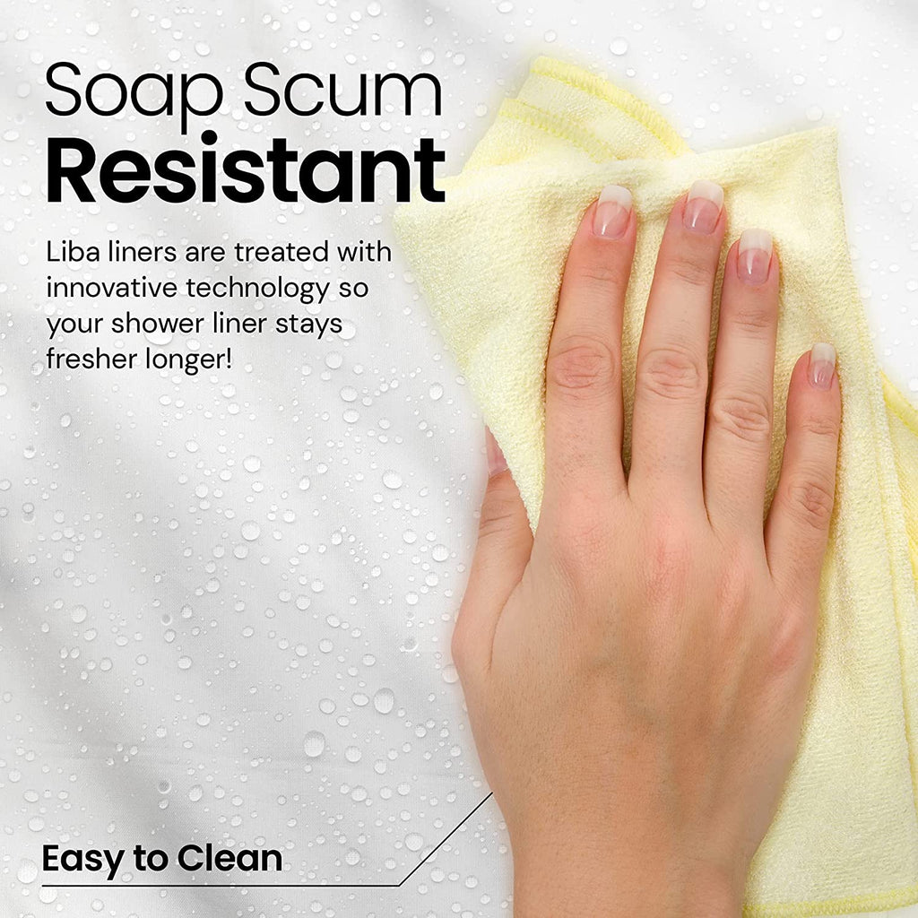 a hand with a yellow towel with text: 'Soap Scum Resistant Liba liners are treated with innovative technology so your shower liner stays fresher longer! Easy to Clean'