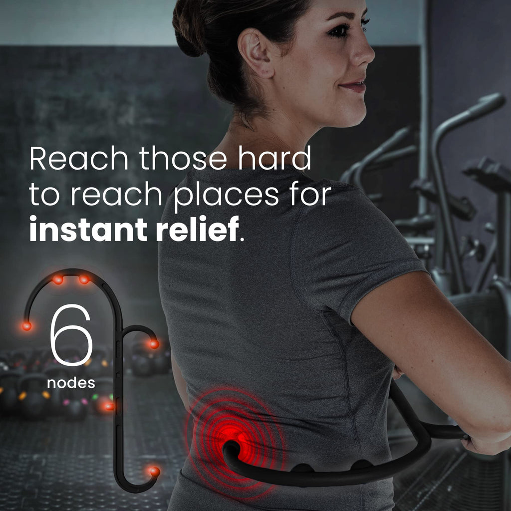 a person in a gym with a device on her back with text: 'Reach those hard to reach places for instant relief. nodes'