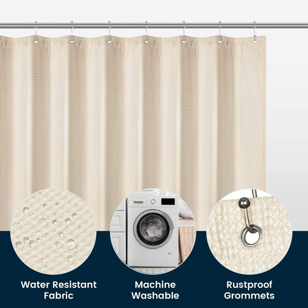 a shower curtain with a washing machine and a washing machine with text: '0 Water Resistant Machine Rustproof Fabric Washable Grommets'