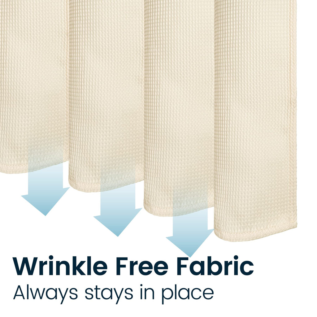 a close-up of a fabric with text: 'Wrinkle Free Fabric Always stays in place'