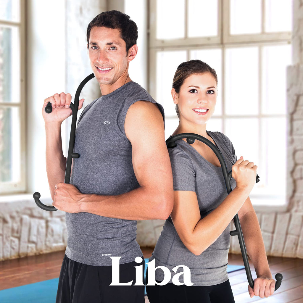 a person and person holding weights with text: 'Liba'