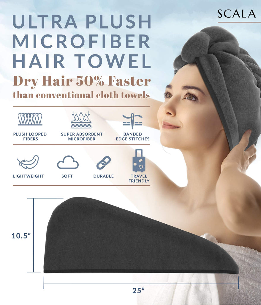 a person wearing a towel with text: 'ULTRA PLUSH SCALA MICROFIBER HAIR TOWEL Dry Hair 50% Faster than conventional cloth towels PLUSH LOOPED SUPER ABSORBENT BANDED FIBERS MICROFIBER EDGE STITCHES LIGHTWEIGHT SOFT DURABLE TRAVEL FRIENDLY 10.5" 25"'